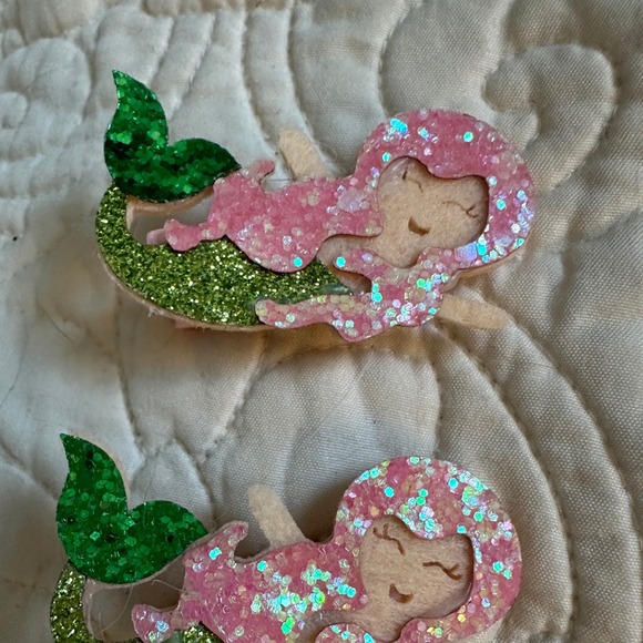 Other - Pink Green Glitter Mermaid Hair Clips Felt Alligator Accessory Set of 2
